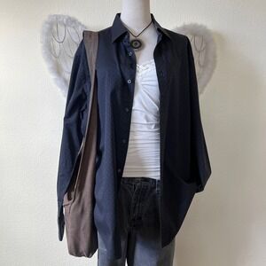 Indie Skater Grunge Check Oversized Shirt Button Up Long Sleeve Dad Black‎ XL